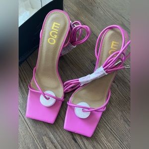 Into-You Lace Up Square Toe Sculptured Block Heel In Pink Faux Leather